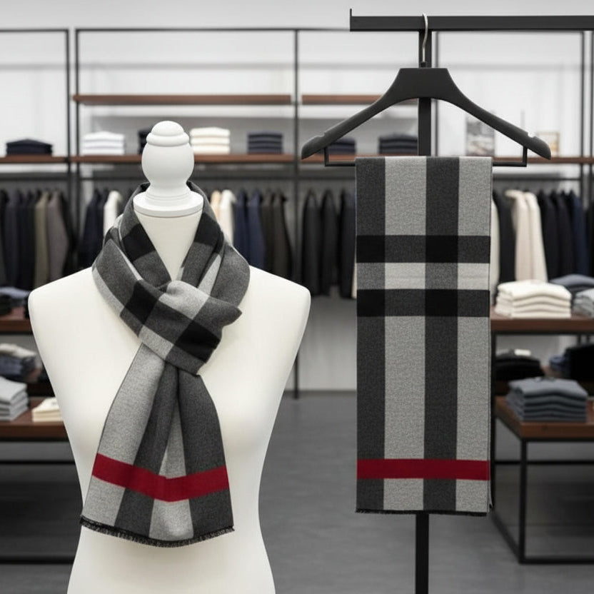 Gray and red man scarf