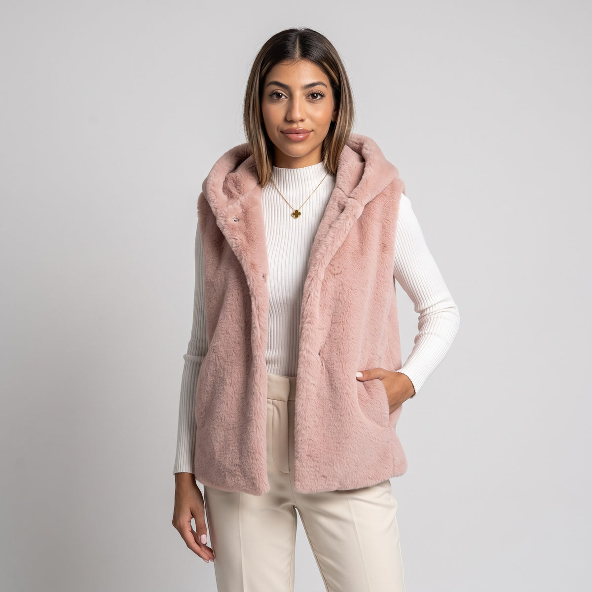 Pink Fur Vest With Cap