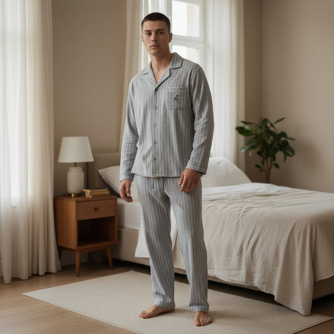 Man wearing striped pajamas standing in a bedroom.
