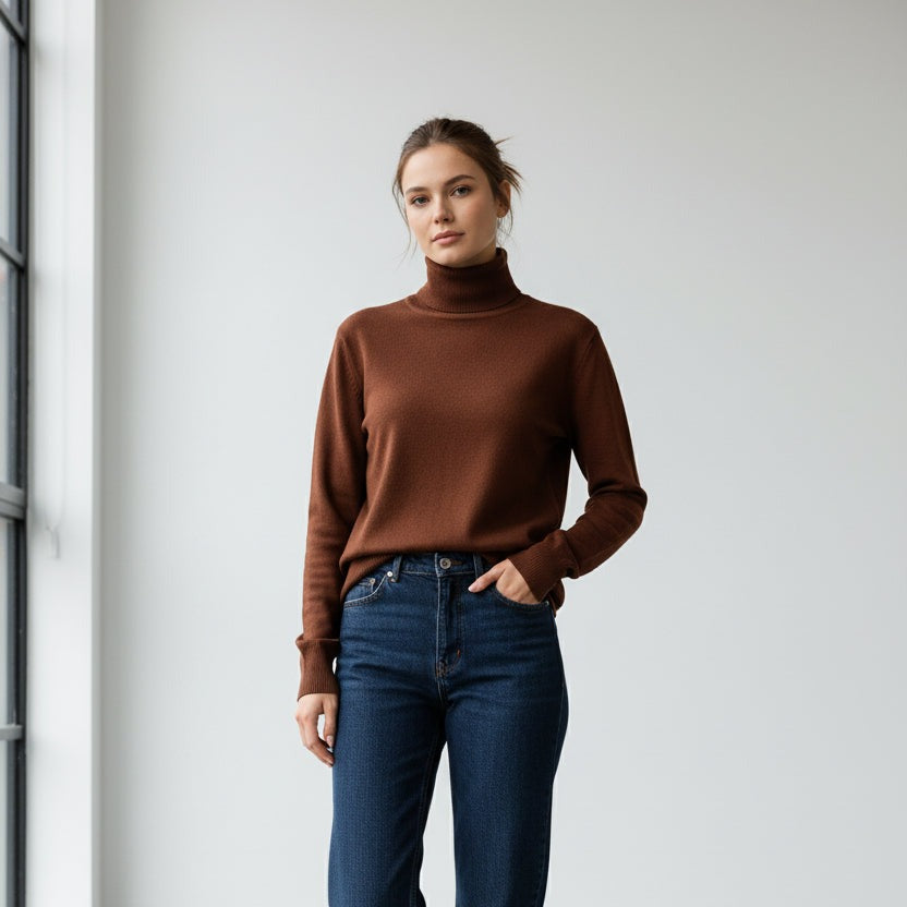 Brown Wool Long Sleeve Turtleneck