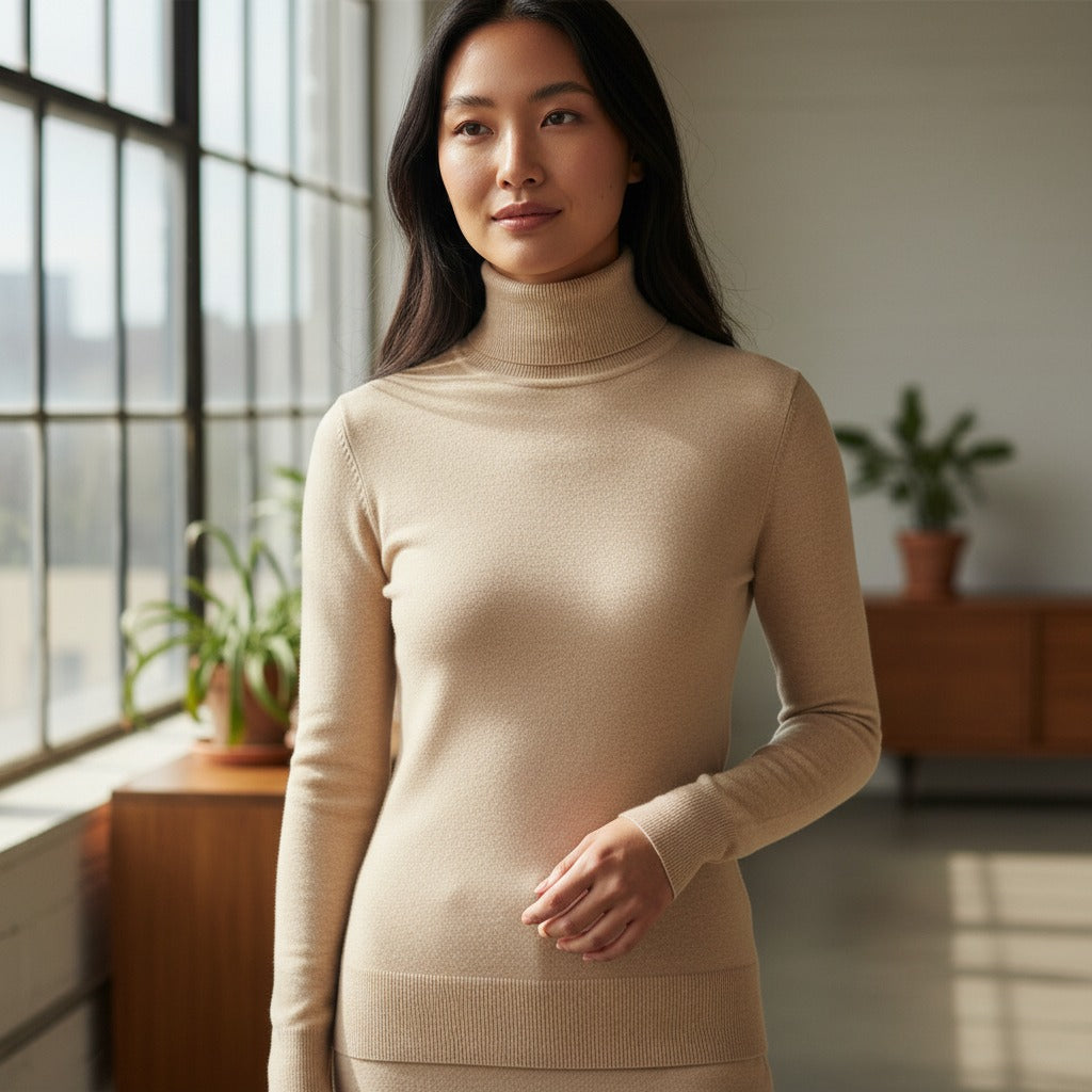 Beige Wool Long Sleeve Turtleneck