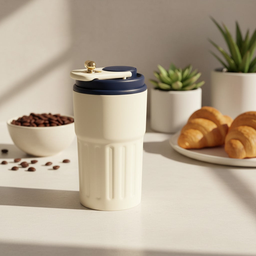 White travel mug with navy lid on a kitchen counter with coffee beans, croissants, and plants.