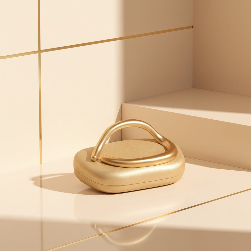Gold-colored product on a beige surface with geometric design