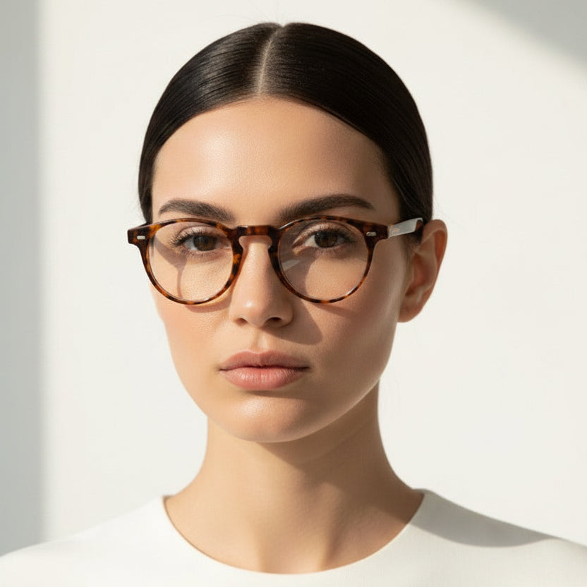 Woman wearing sunglasses against a light background