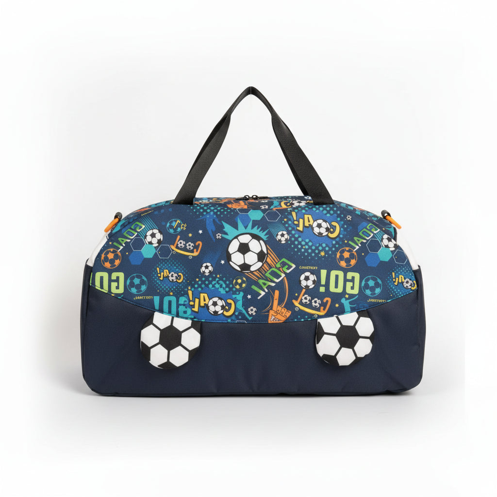 Black handbag with sports-themed design on a white surface in a store setting