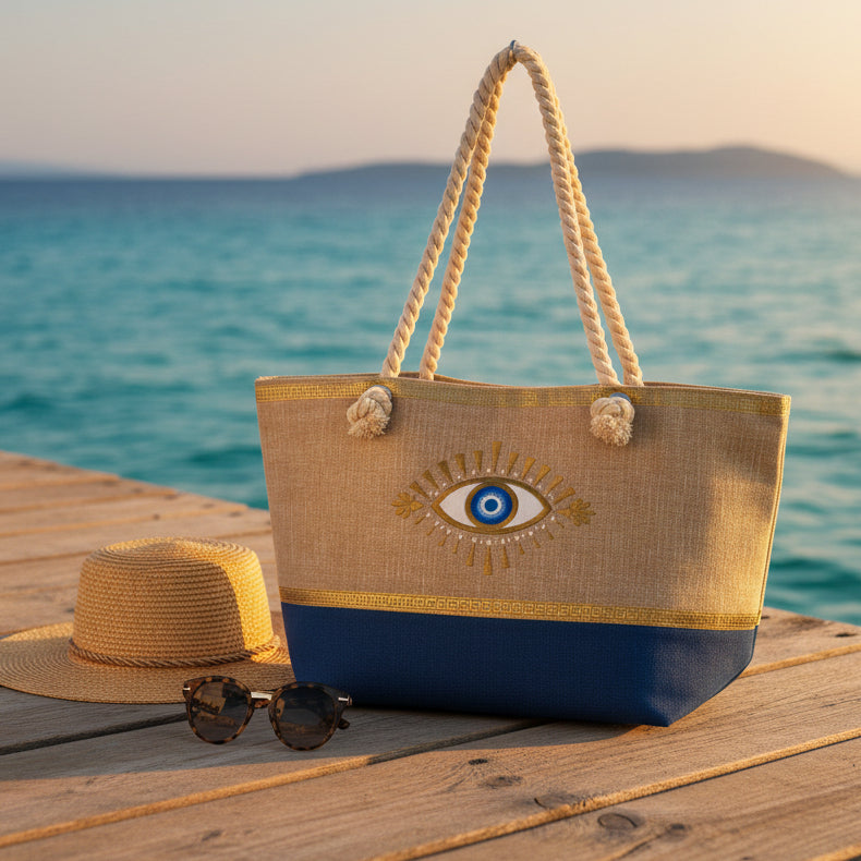 Woven beach bag with eye design, straw hat, and sunglasses on a wooden dock by the ocean.