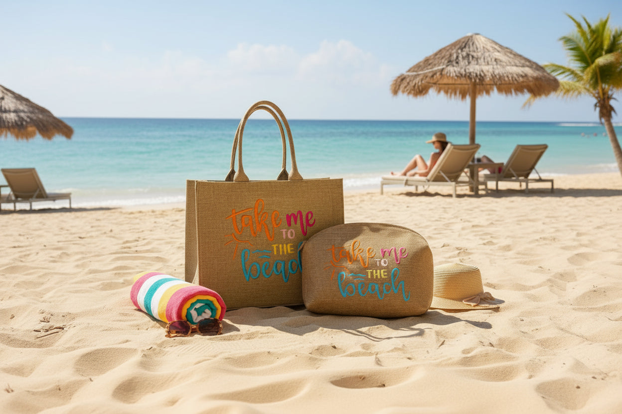 Beach bag and pouch with 'Take me to the beach' text on a sandy beach with ocean view.