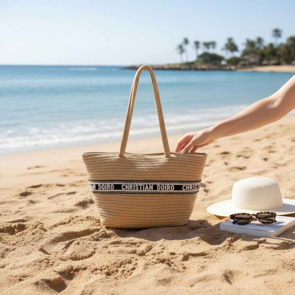 Woven bag with Christian Dior ribbon on a sandy beach