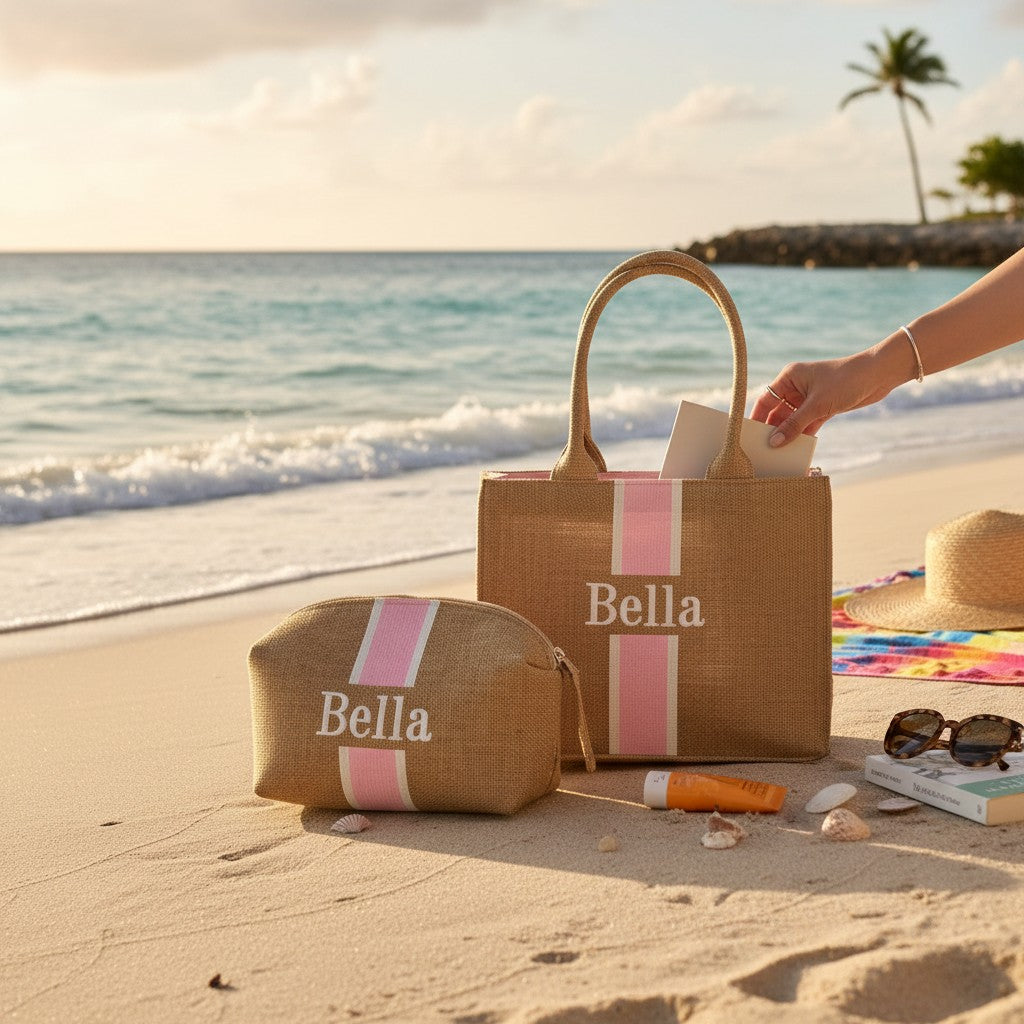 Beach bag and pouch with 'Bella' branding on a sandy beach with ocean view.