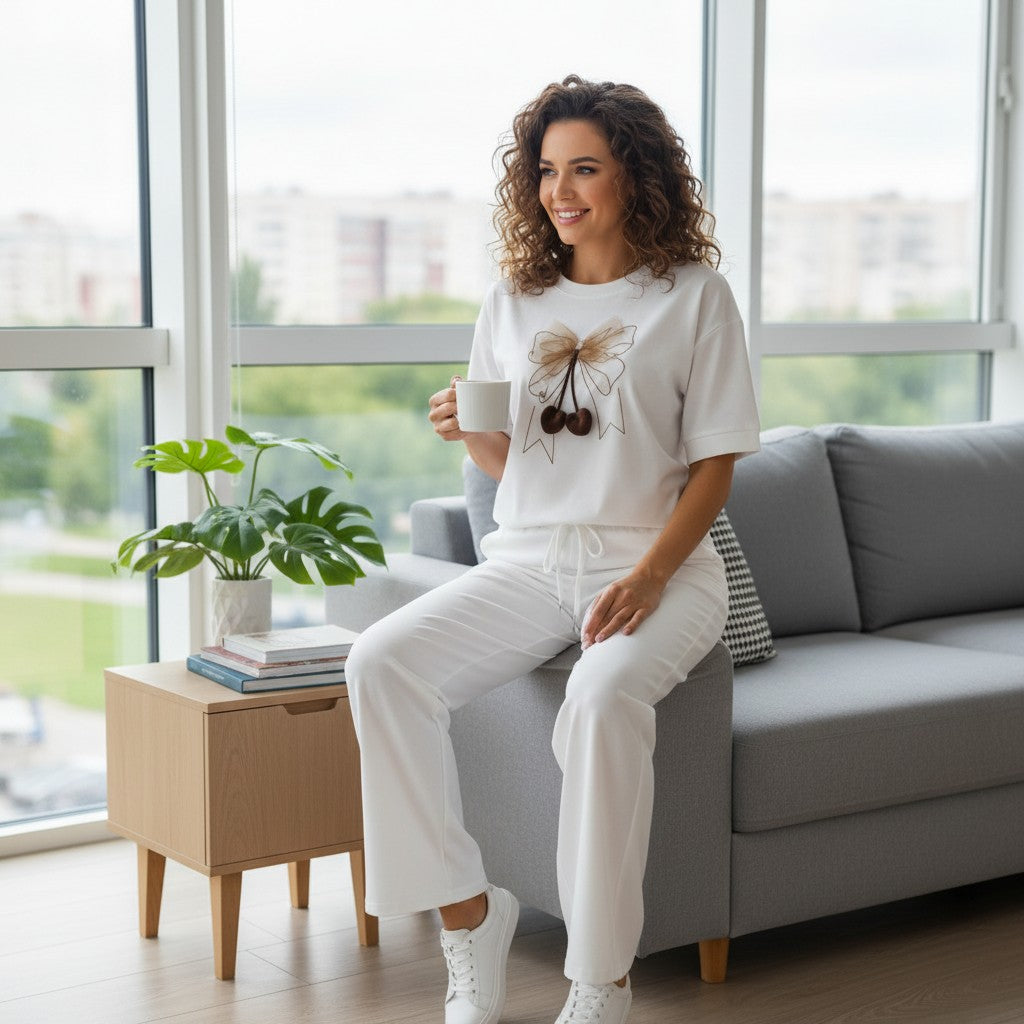 Woman sitting on a gray sofa holding a mug in a bright living room.
