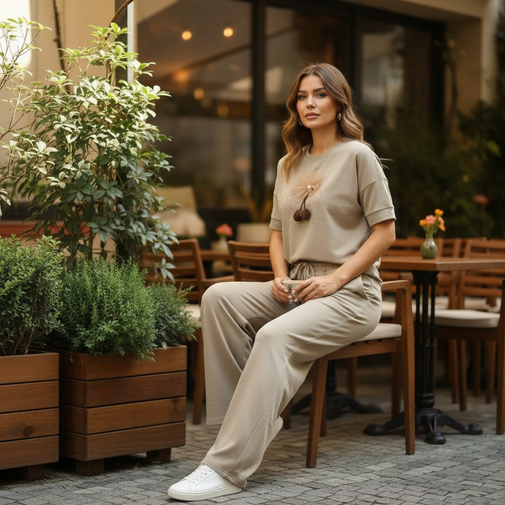 Woman sitting outdoors in a casual setting with plants and tables.