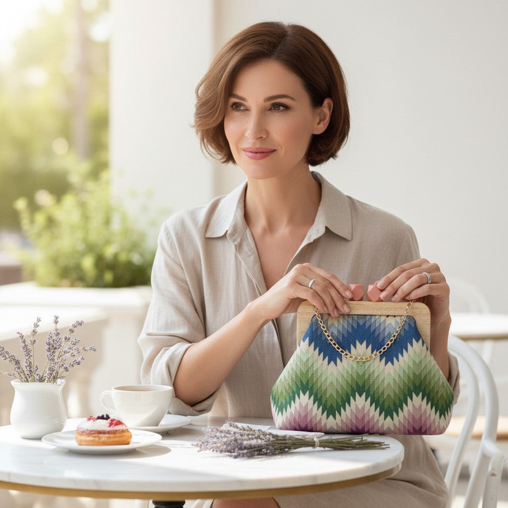 Woman holding a colorful handbag in a bright, indoor setting