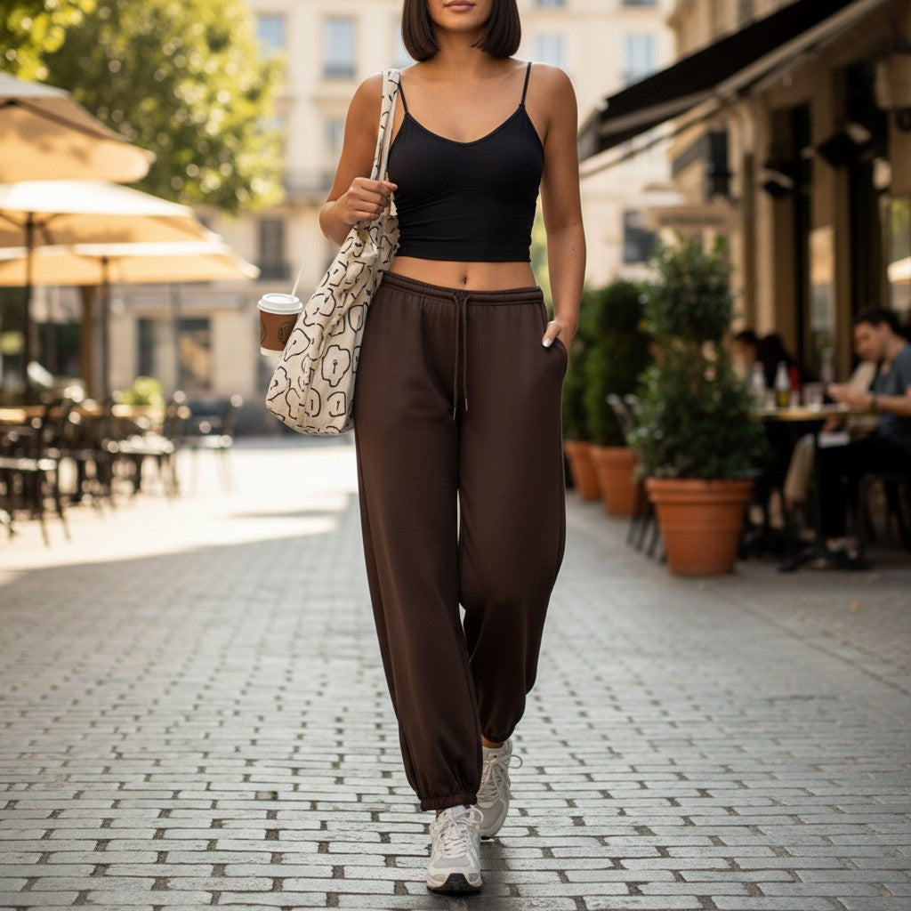 Woman walking on a street wearing a black crop top and brown pants, holding a patterned bag.