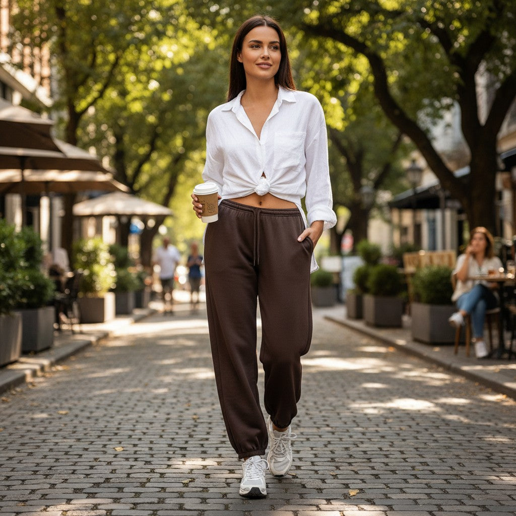 Woman walking on a street holding a coffee cup, wearing a white shirt and brown pants.