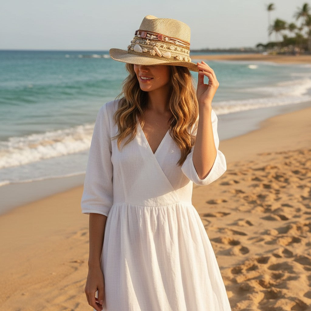 Woman in a white dress and straw hat on a beach
