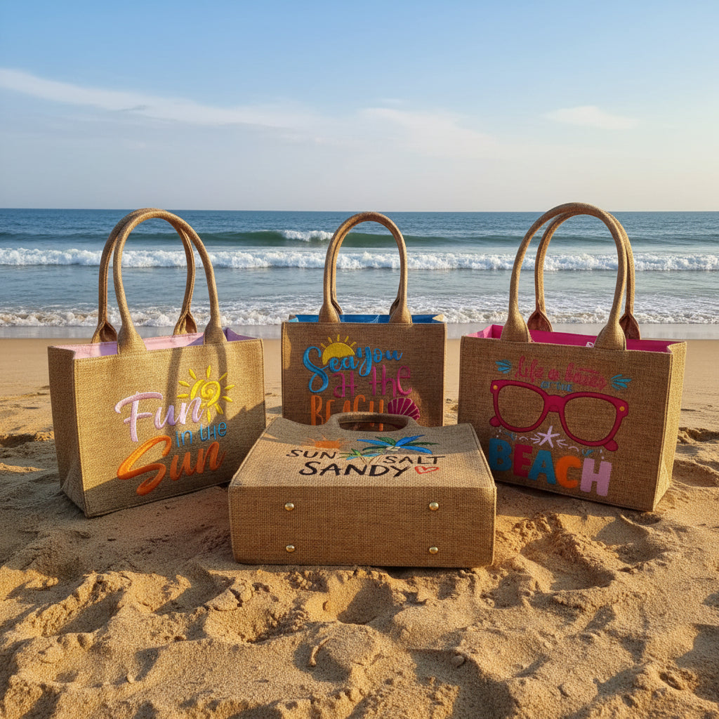 Set of woven bags with beach-themed designs on a tiled floor.