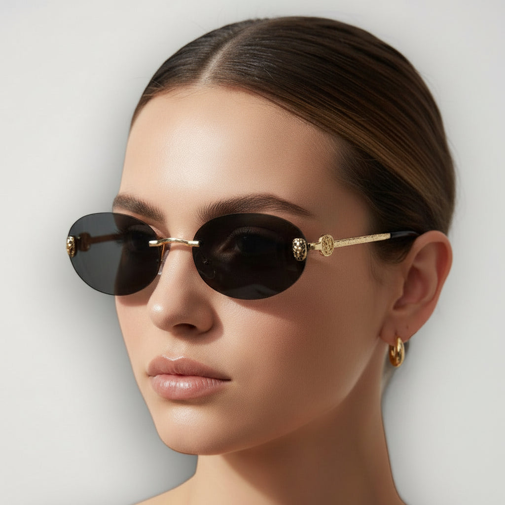 Sunglasses being worn by a model with a neutral background