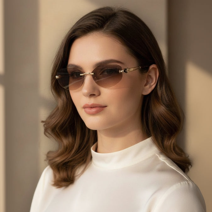 Woman wearing sunglasses with a neutral background
