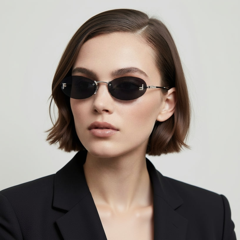 Woman wearing a pair of sunglasses with a plain background