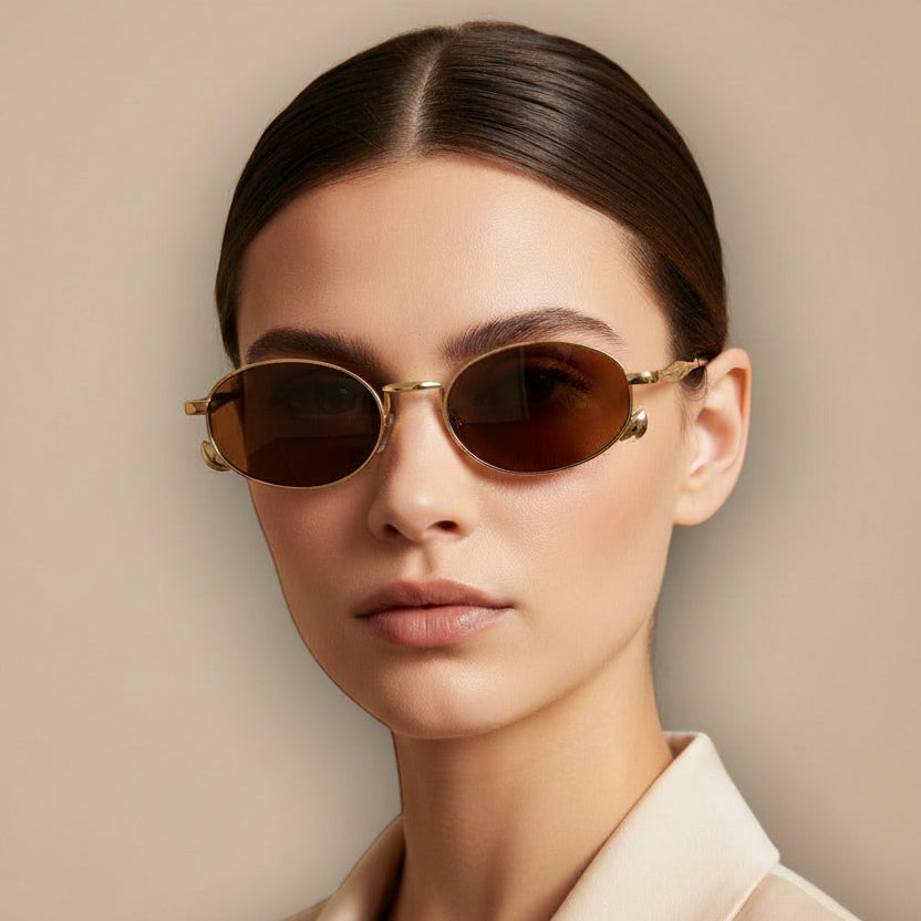 Woman wearing sunglasses with a neutral background and 'Sunglass 98' branding.