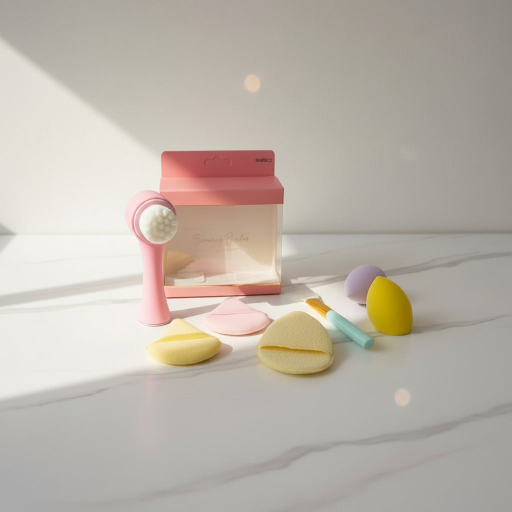 Make up blenders set staged on a marble table