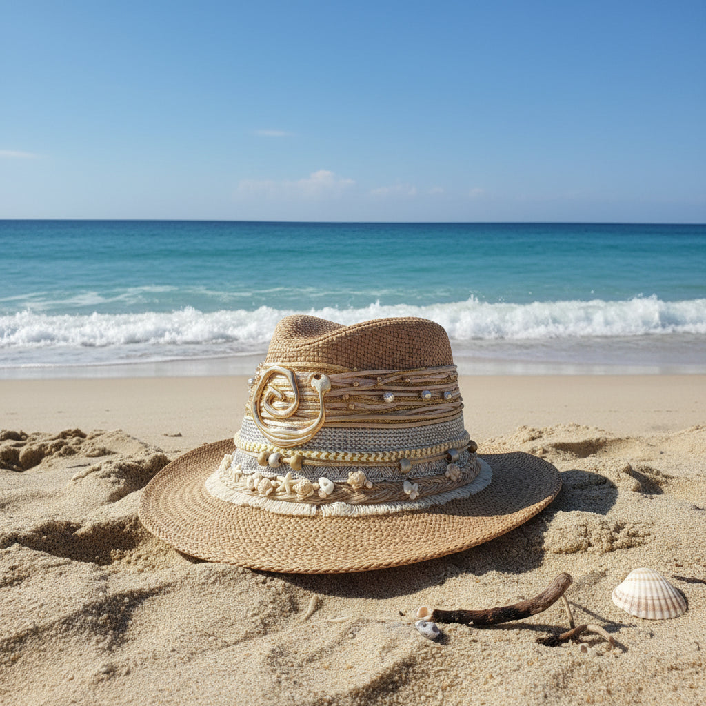 Decorative straw hat with embellishments on a plain background