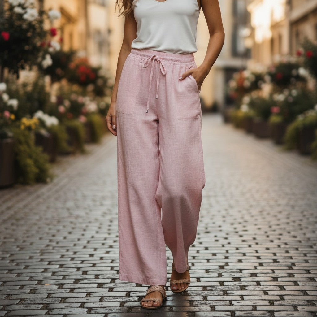 Person wearing pink pants and a white top on a cobblestone street with blurred flower pots in the background
