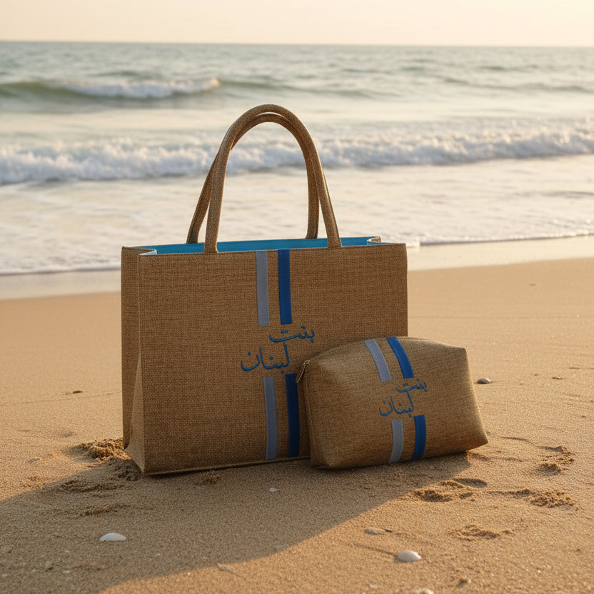 Two woven bags with blue stripes on a wooden surface