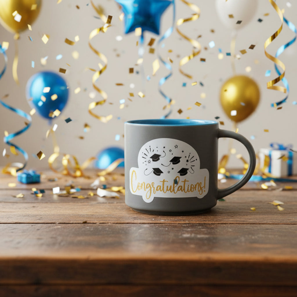 Gray mug with 'Congratulations' text and graduation caps design on a store shelf.