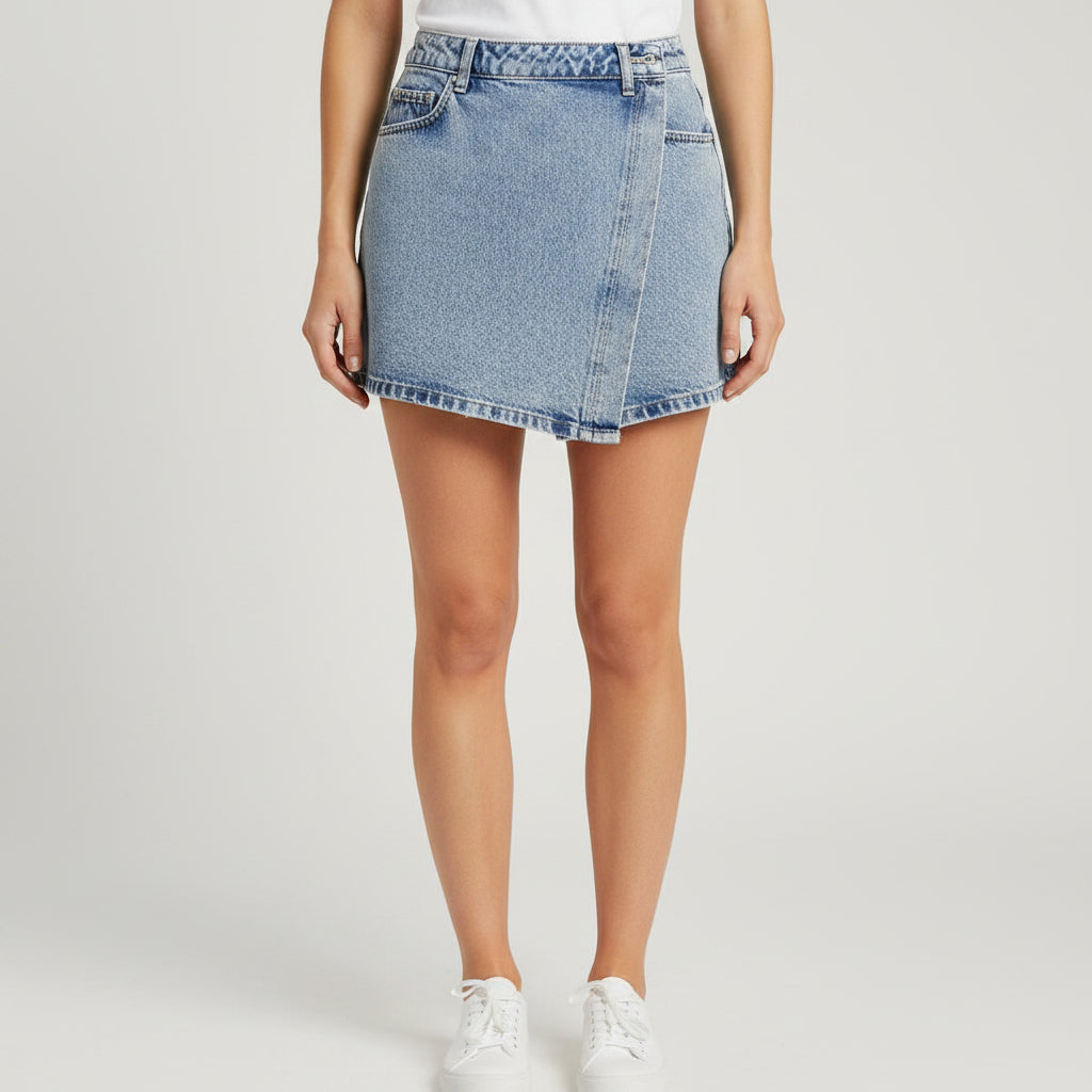 Blue denim shorts on a table with a mirror reflecting clothing in the background