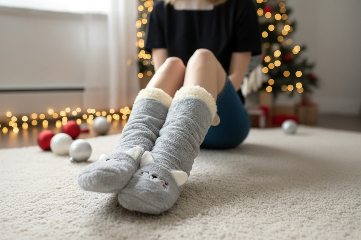 Grey cat fuzzy socks