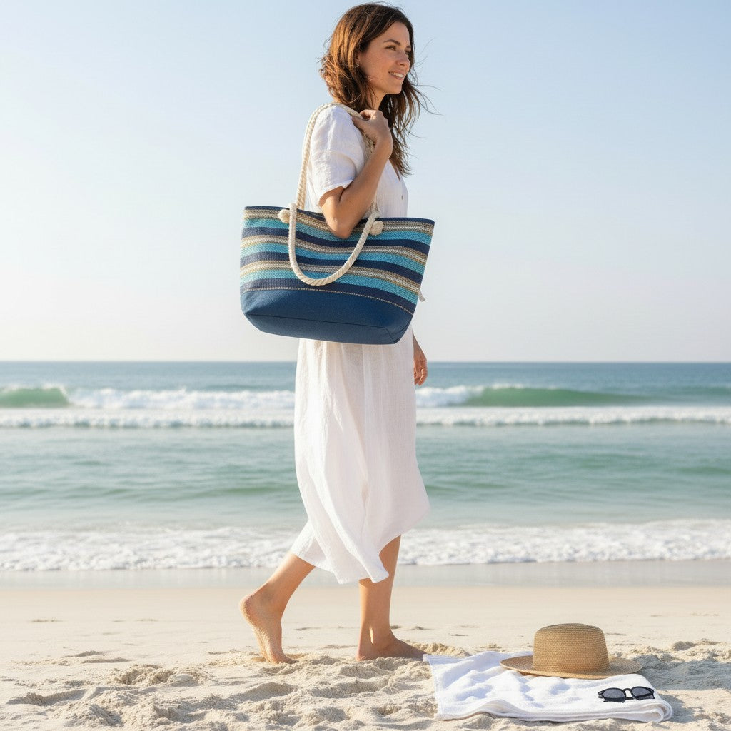Woman walking on a beach with a blue striped tote bag
