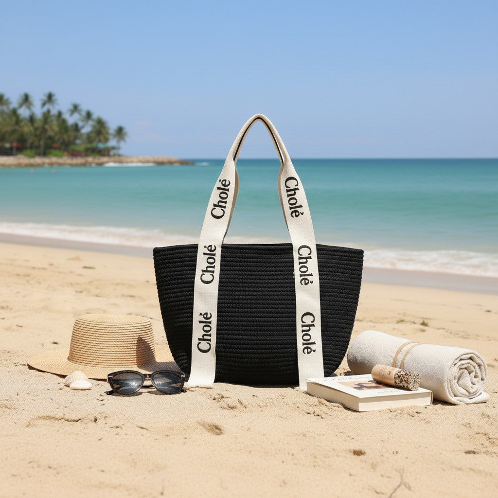 Black Chélo bag with strap on a sandy beach with ocean and palm trees in the background