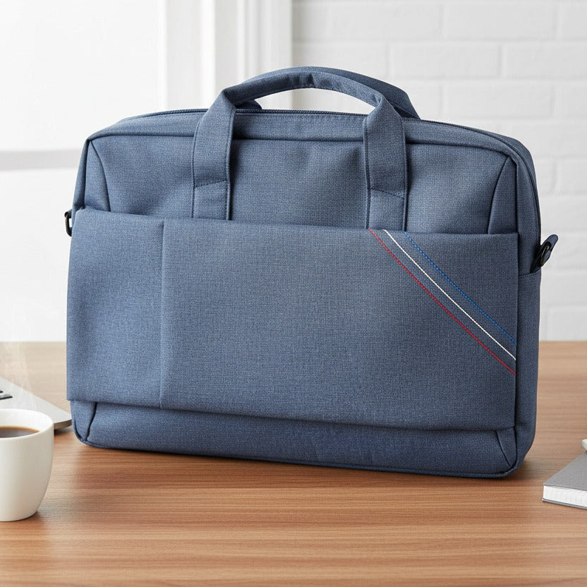 Blue laptop bag on a desk with a laptop, coffee cup, and plant.