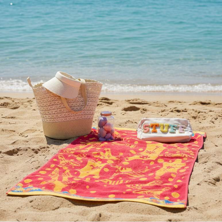 Beach scene with a colorful towel, bag, and toys on sand by the ocean