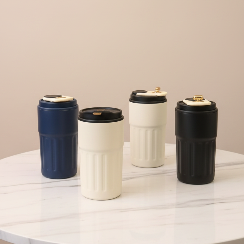 Four insulated travel mugs in different colors on a marble surface with a beige background
