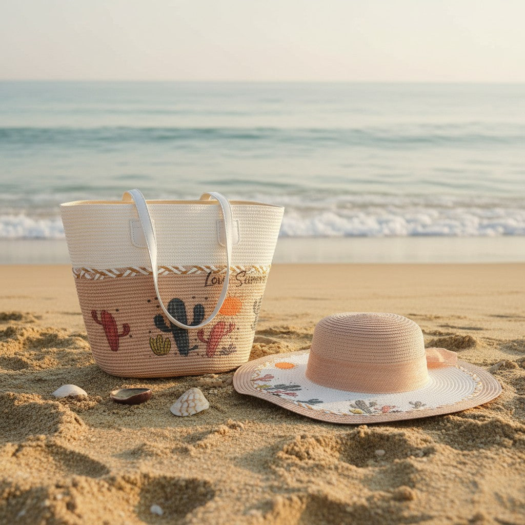 Cactus Straw Beach Bag Set