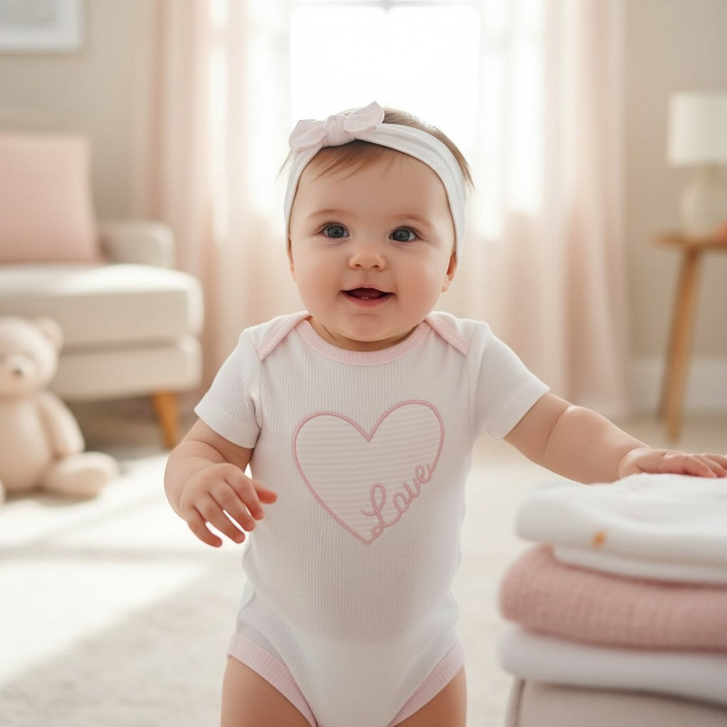 Love Heart Bodysuit, Jogger & Bow Set