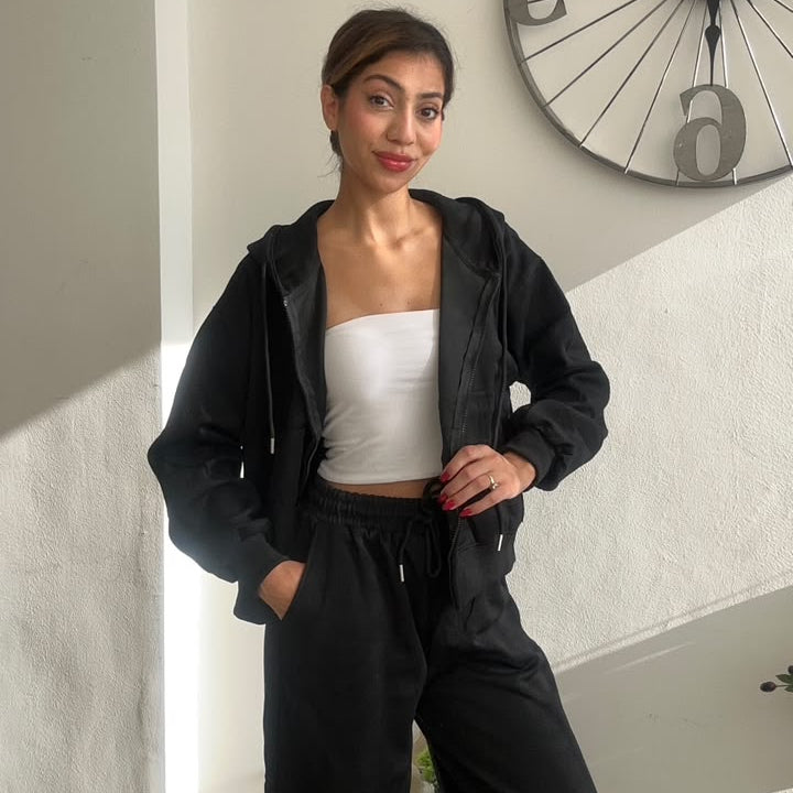 Black Zip Hoodie Wide Leg Set