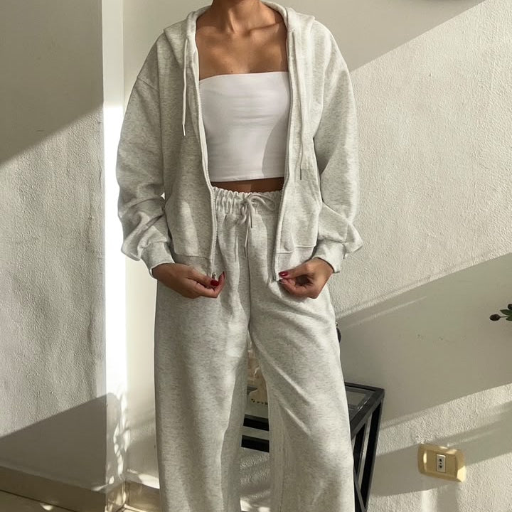 Grey Marl Zip Hoodie Wide Leg Set