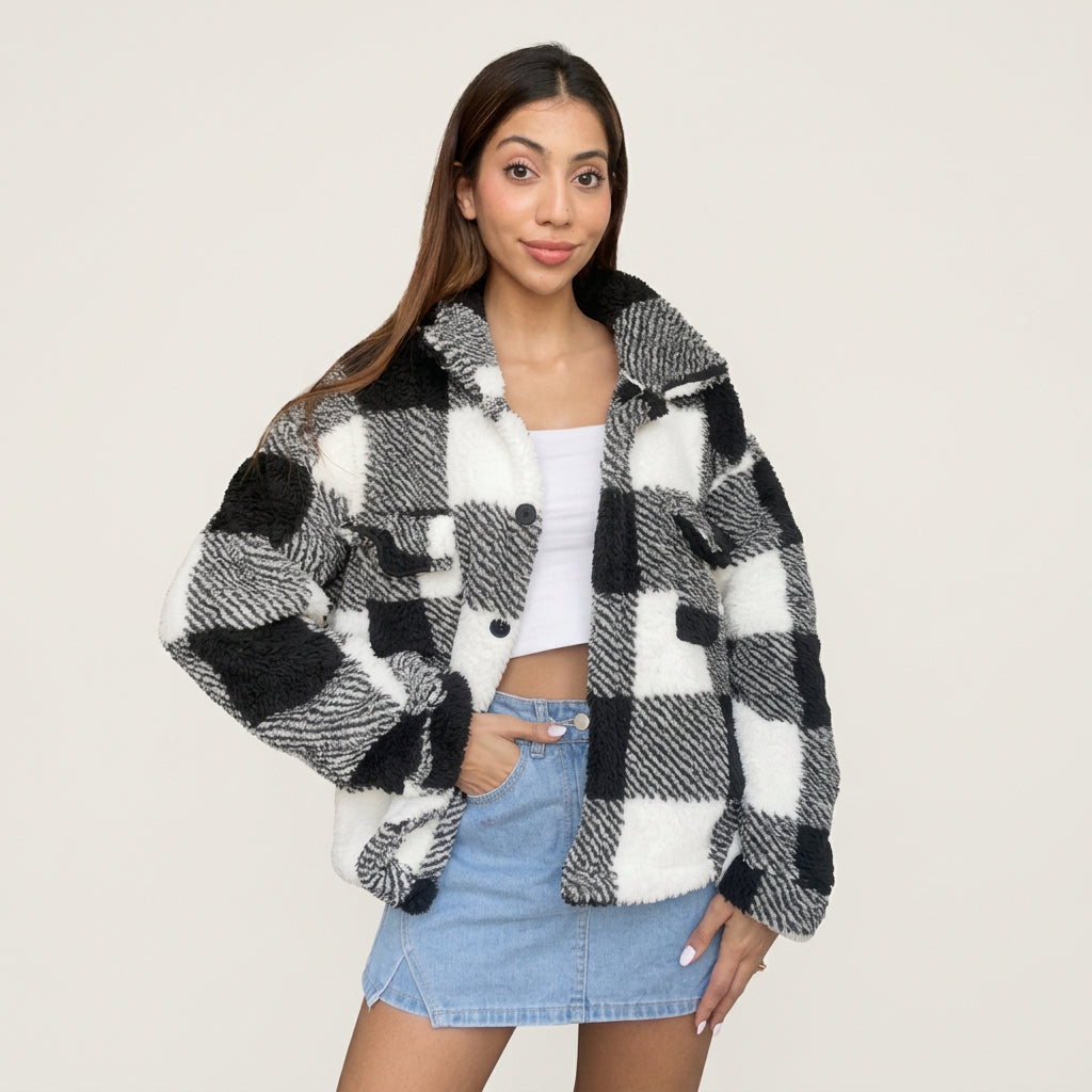 Black and White Buffalo Check Sherpa Shacket