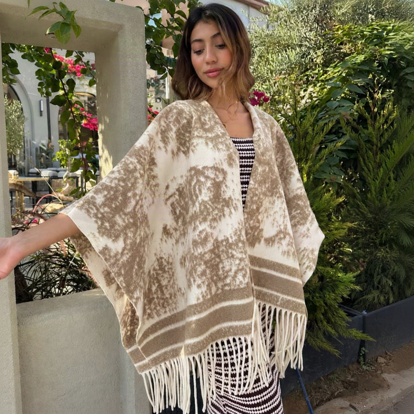 Distressed Print Fringe Blanket Wrap