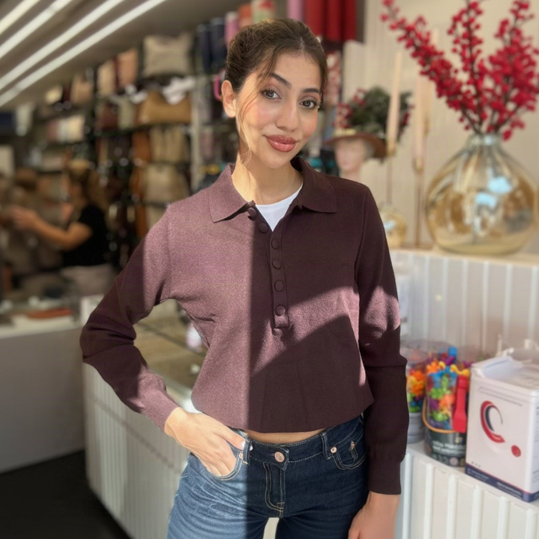 Brown Knit Polo Collar Button Sweater