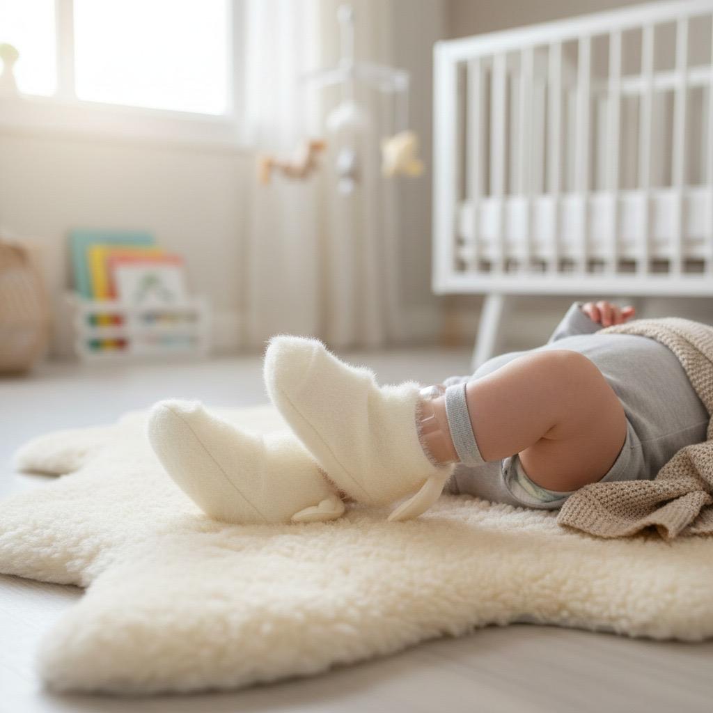 Ivory fuzzy newborn booties finished with silver glitter ankle bands and a cream heel tab