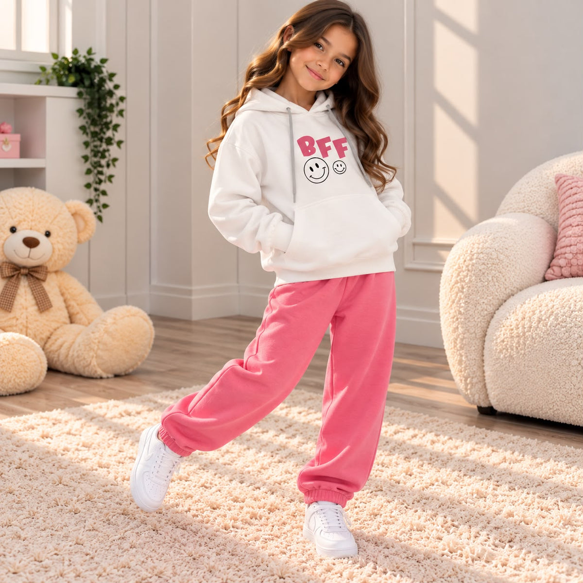 Girl in a white BFF hoodie and hot pink joggers standing on a cream rug
