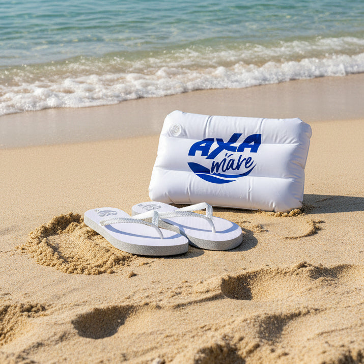 White inflatable pillow with blue 'AXA' logo and white flip-flops on a sand.