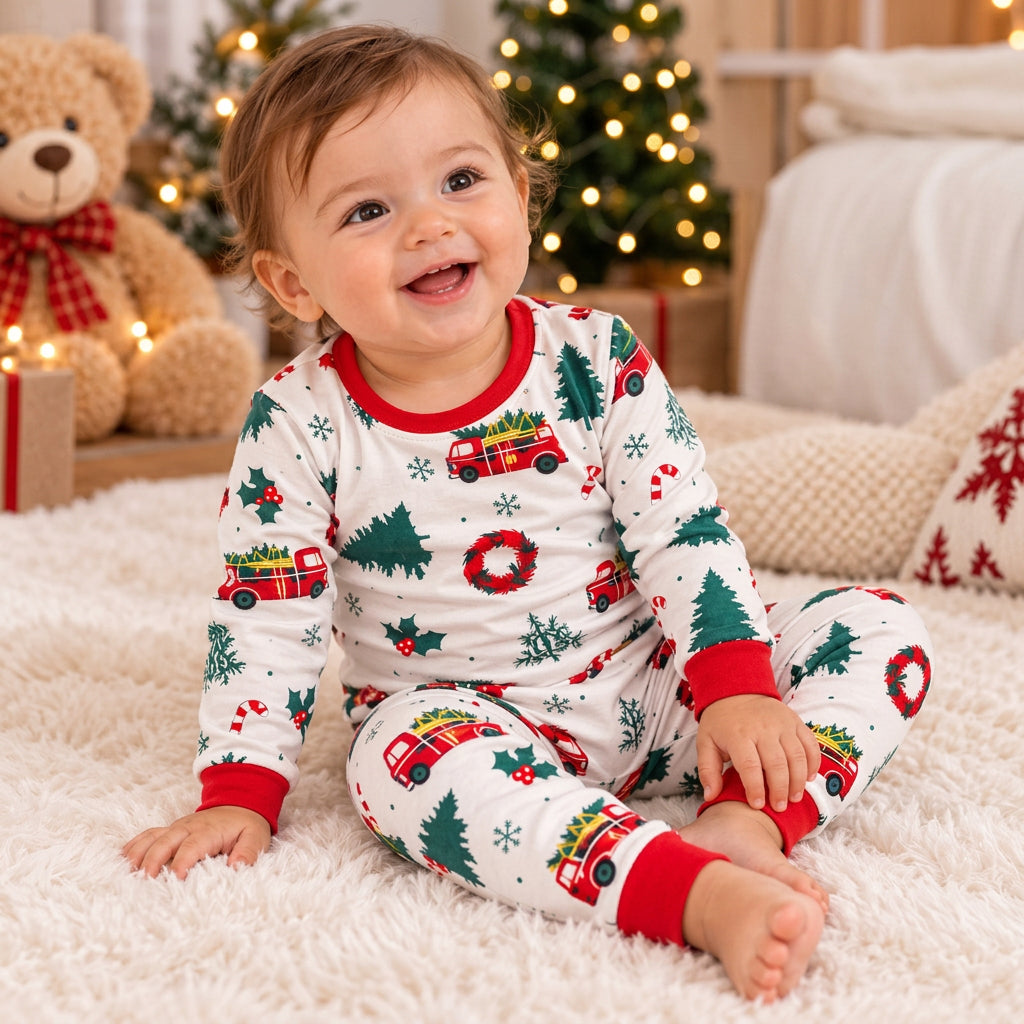Smiling baby sitting on a fluffy rug in white Christmas pyjamas with red trucks, green trees and red cuffs