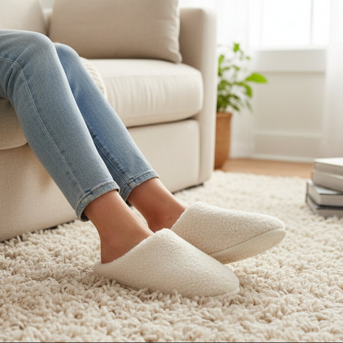 Cream boucle mules worn seated on a sofa, low domed vamp and a completely open heel