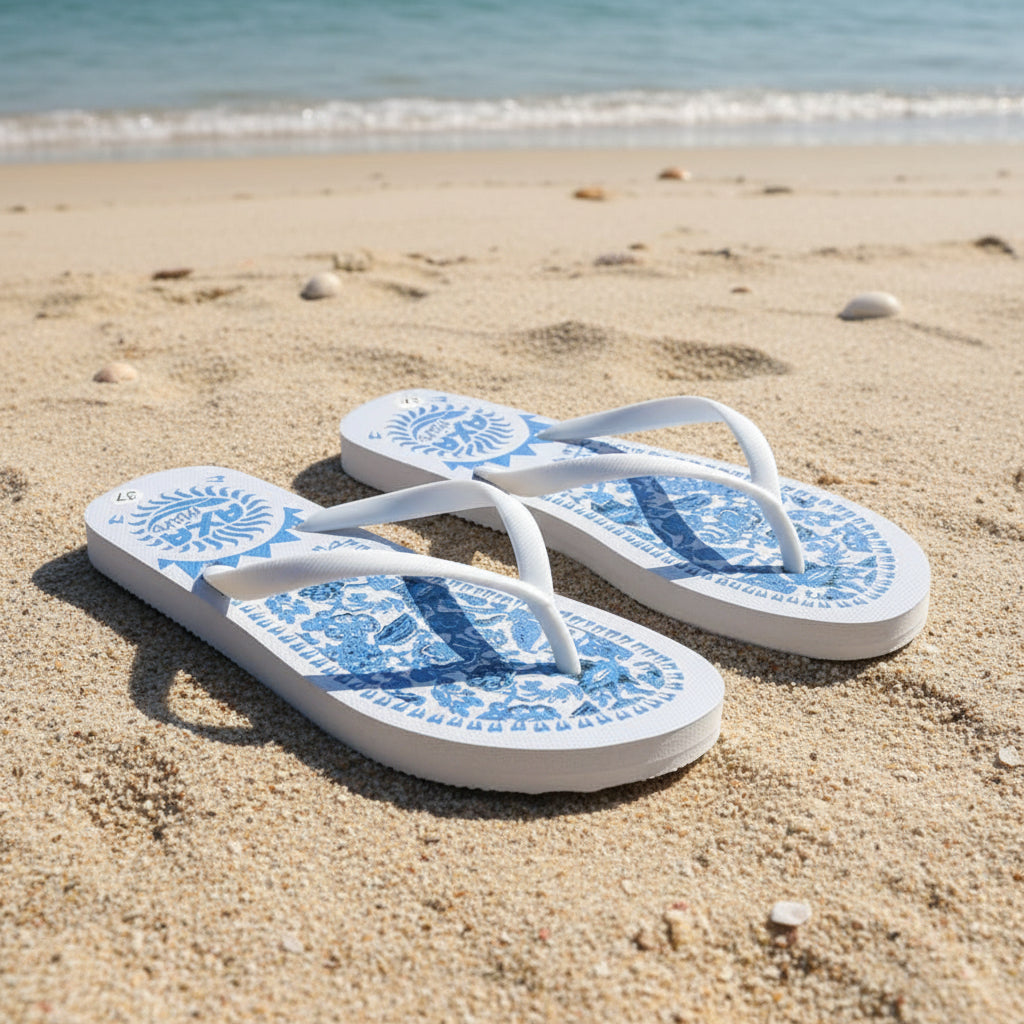 White flip-flops with blue floral patterns on a sandy beach