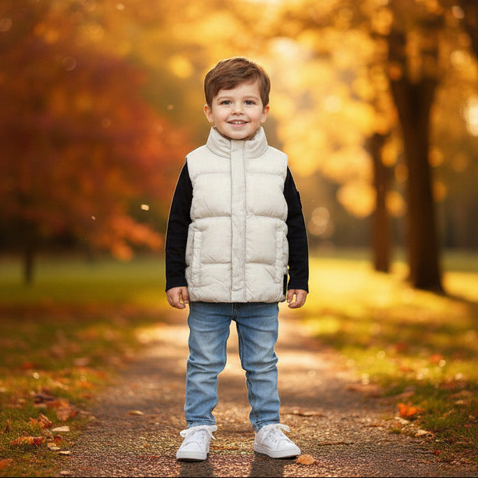 Boy in a white sleeveless puffer vest over a black long sleeve top with light blue jeans